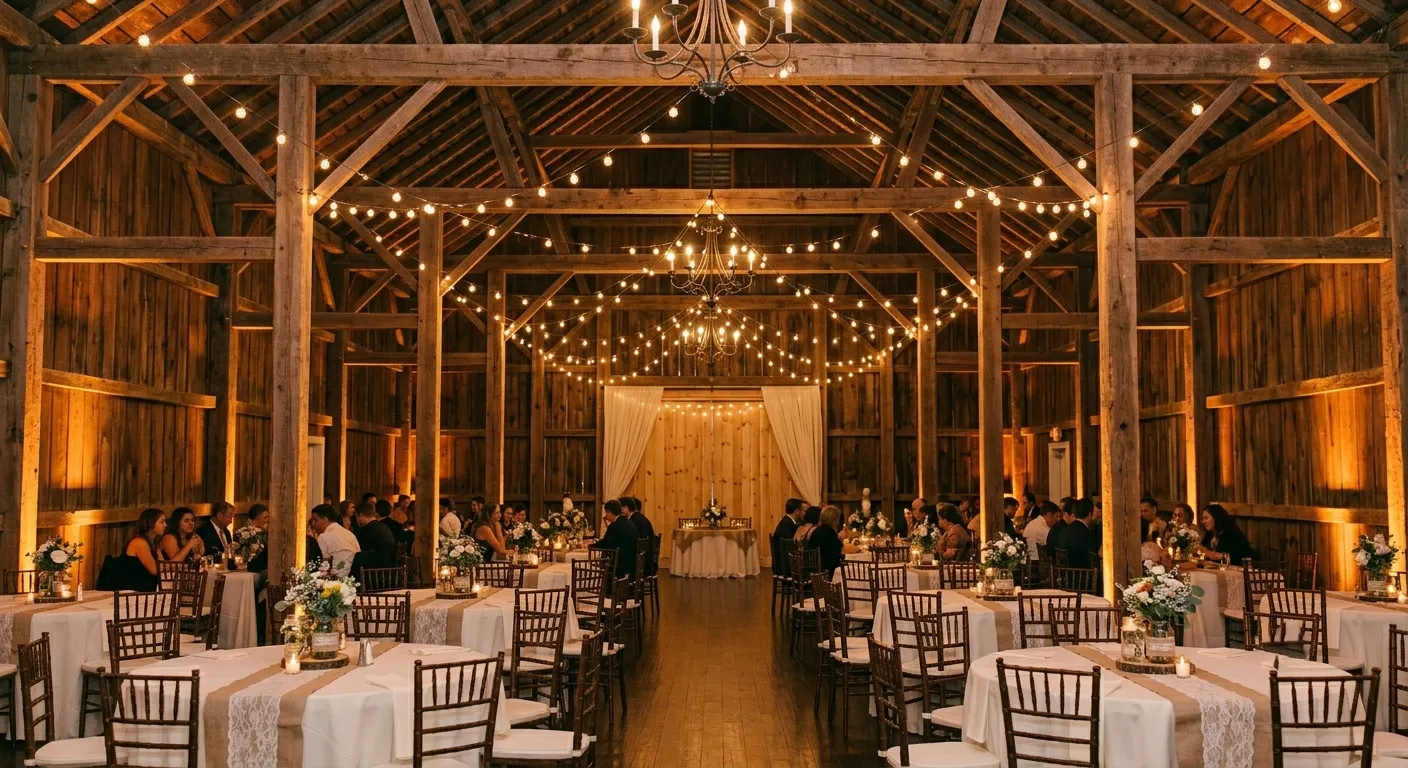 Globe string lights and warm amber uplighting rental inside a rustic wedding barn venue with exposed wood beams and chiavari chair reception tables