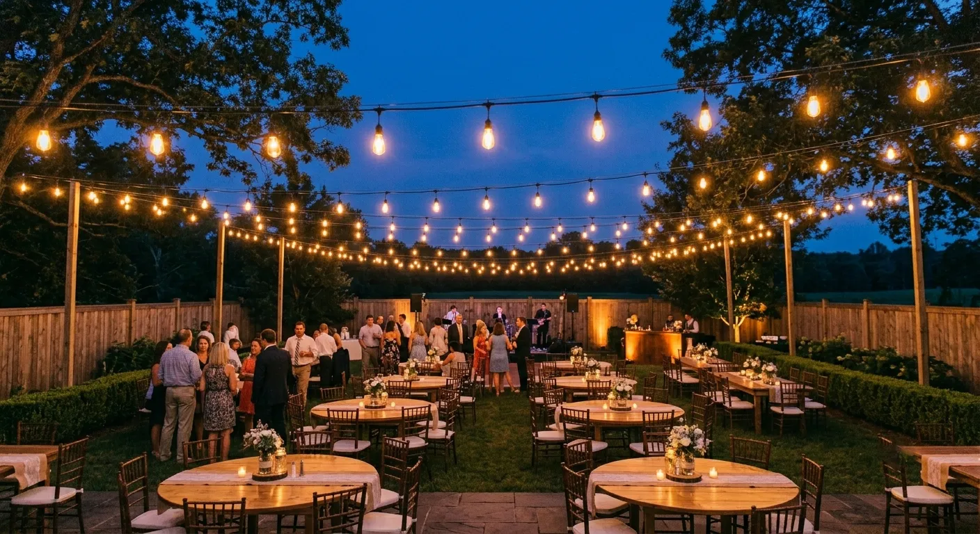 Edison patio string lights strung between wooden poles over outdoor tables and guests at a backyard wedding reception at blue hour