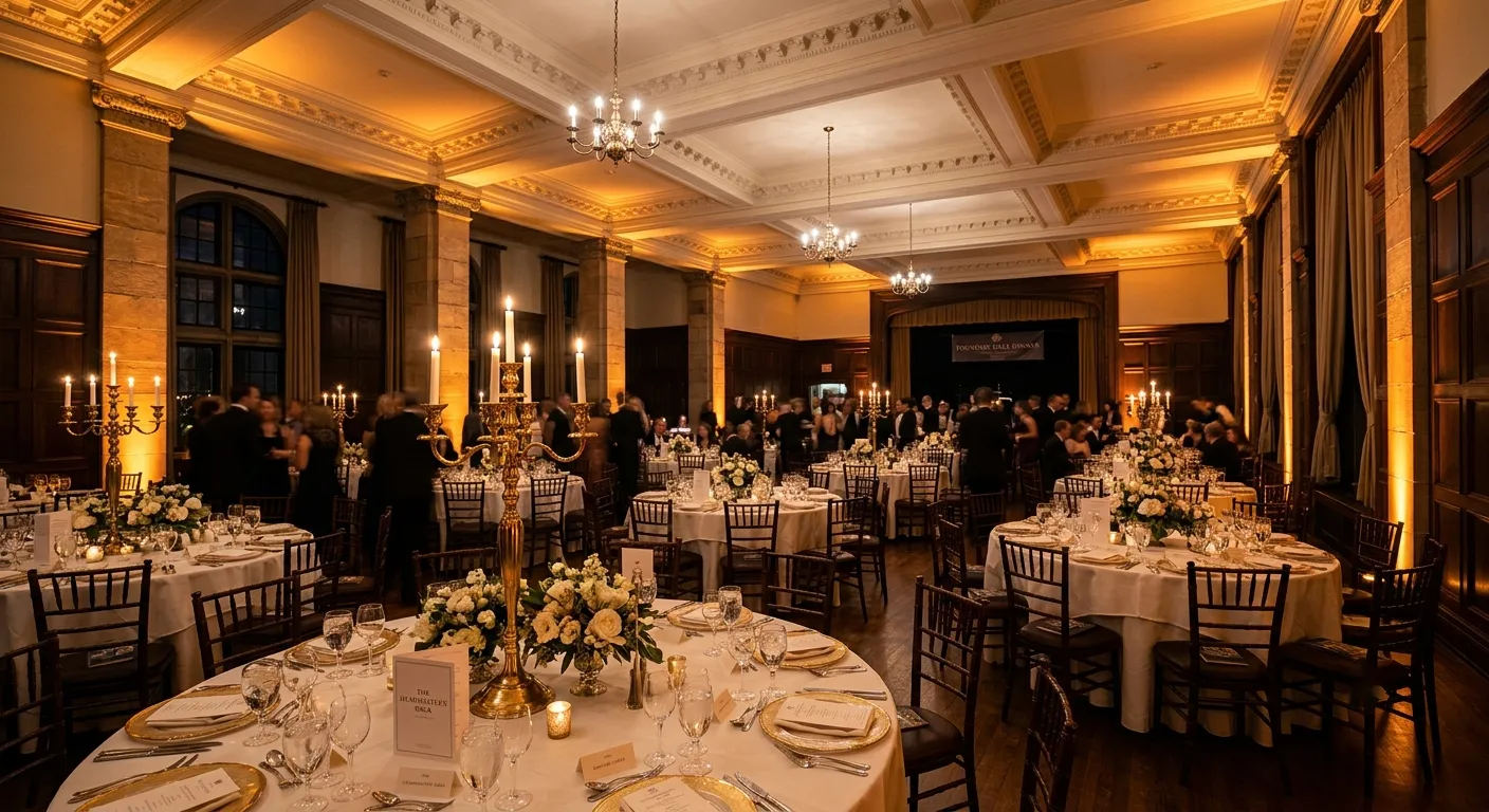 Warm amber uplighting rental highlighting ornate stone columns and crown molding at a formal private school banquet dinner